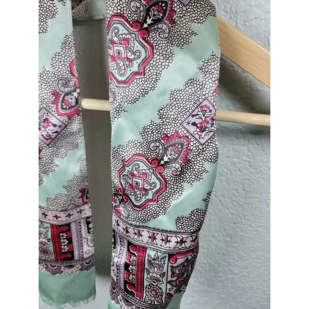 Vintage Mint Green Pink Paisley Medallion Oblong Scarf Boho Cottagecore Retro